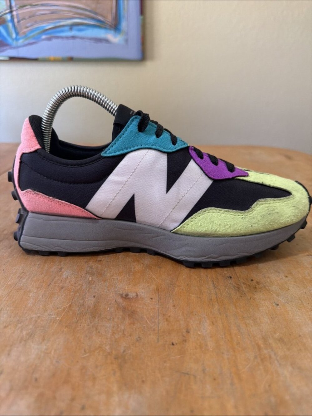 Men’s Sz 7/40 New Balance 327 Black Multi-Color Vibrant Suede Panels Excellent